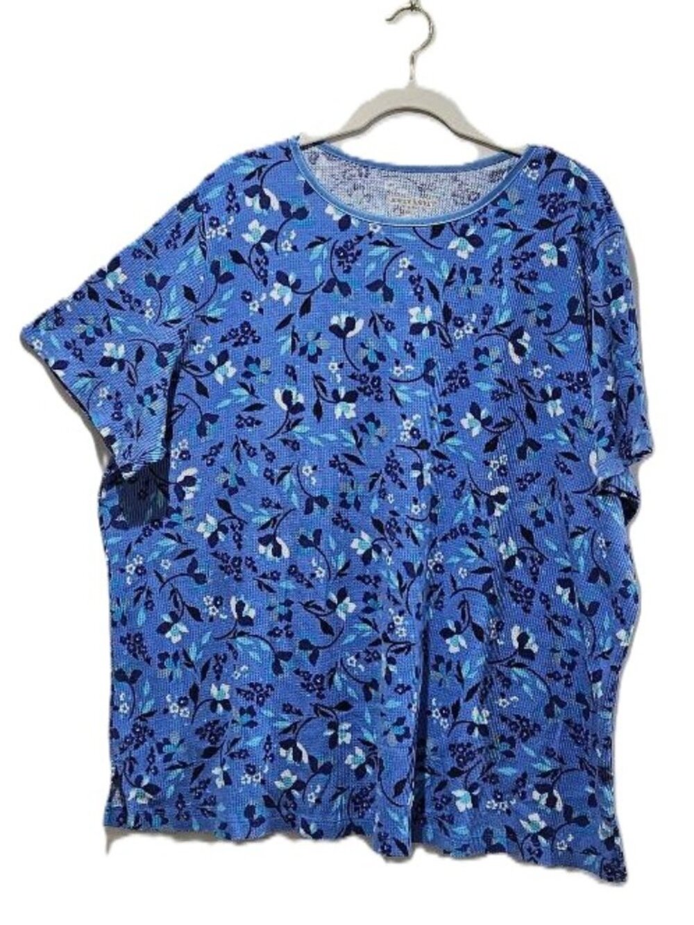 New WOMAN WITHIN BLUE NAVY TEAL FLORAL WAFFLE KNIT SHORT SLEEVE TOP TEE 4X – 5X